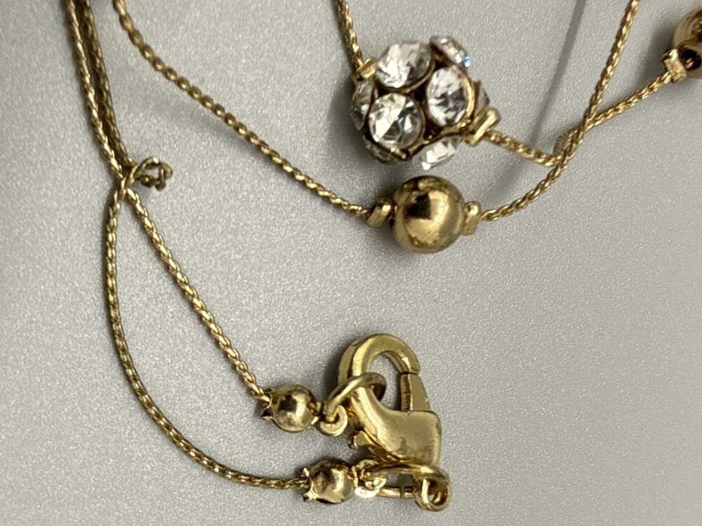 Gold Tone Long Station Necklace Coiled Spring Beehive and Rhinestone Beads Vtg - Picture 13 of 13